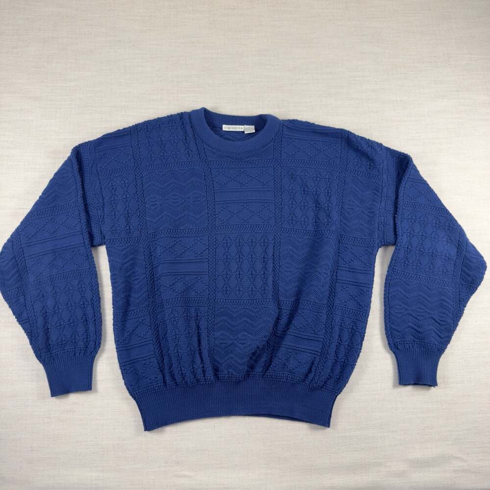 Vintage Claiborne Blue Textured Patchwork Knit Cotton Sweater Made in USA